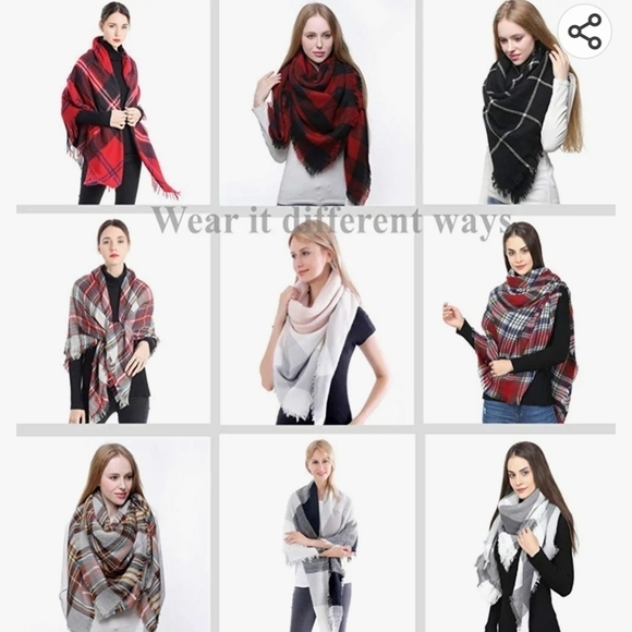 Lands' End women's plaid large square fringed scarf or shawl - Picture 5 of 6